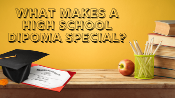 high school diploma with graduation cap on desk next to stack of books and red apple