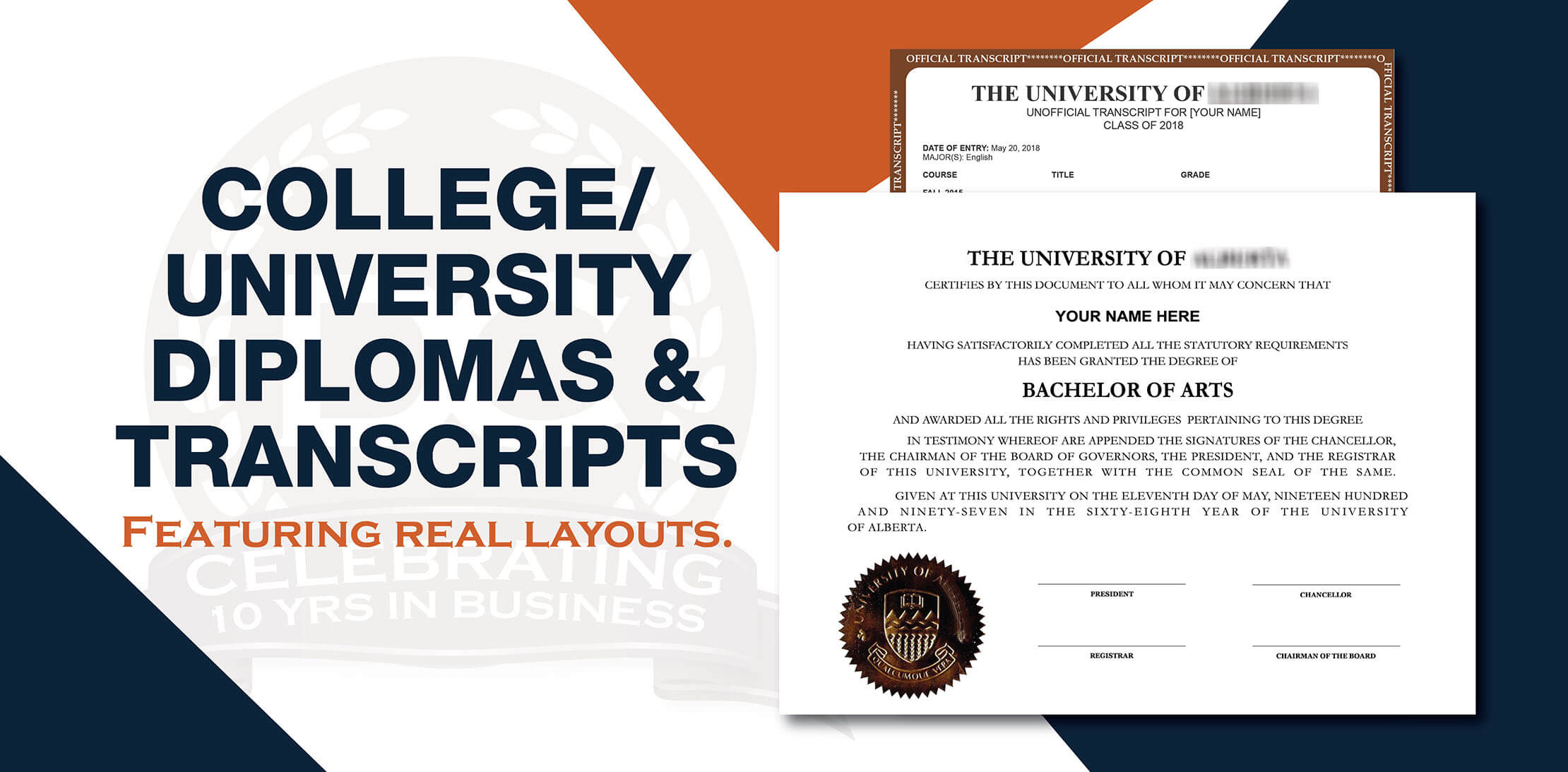 Fake College and University Diploma with Transcript