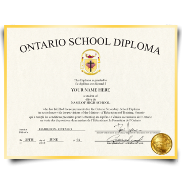 Canada high school diploma from Ontario in 1994 printed on gold border paper with shiny gold seal in bottom right
