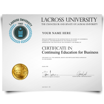 College certificate in continuing business education from University featuring shiny gold seal and hand signed on thick diploma paper