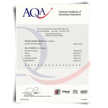Signed GCSE certificate from AQA featuring CEA and Ofqual seals featuring testing center information and student details
