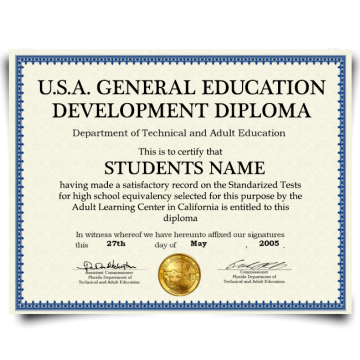 Signed diploma from GED testing centre in USA featuring shiny gold embossed state seal from 2005 on fancy blue border certificate paper