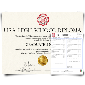 high school diploma from USA with shiny gold embossed state seal next to a set of academic transcript records with hologram on white paper