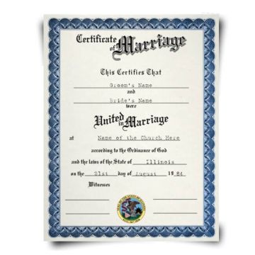 Certificate of marriage on fancy blue paper with state seal featuring husband and wife and ceremony details