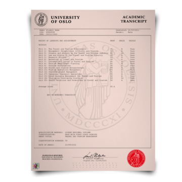 Fake College Transcript from Norway Featuring Realistic University of Oslo Marksheet Coursework on High-Quality Security Paper