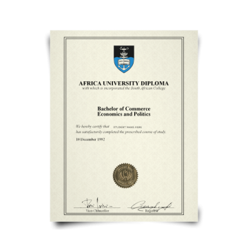 Copy of diploma from South Africa university with coat of arms from 1992 featuring shiny gold embossed seal and two signatures