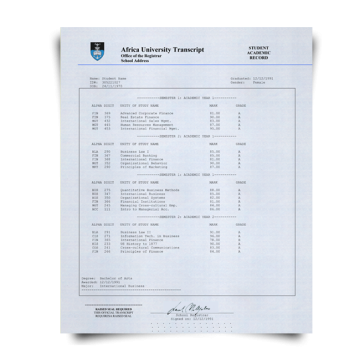 Fake College Transcript from South Africa Featuring University Coursework and Scores on High-Quality Marksheet Paper