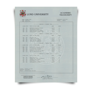 Fake College Transcript from Sweden Featuring Realistic Lund University Classes and Scores on Marksheet Paper