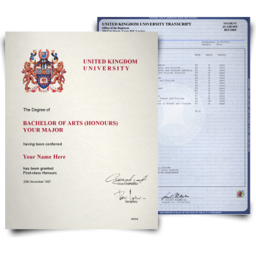UK bachelor of arts diploma from college next to college transcripts on blue academic paper