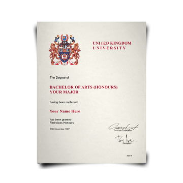 United Kingdom college bachelor of arts diploma showing two lion crest in shiny gold finish