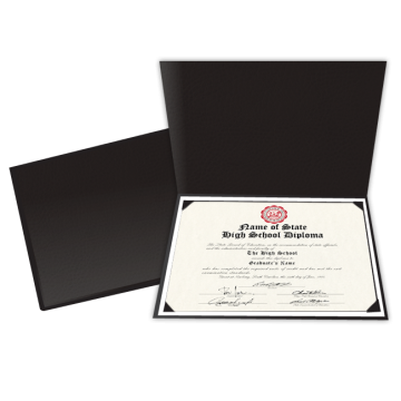 high school diploma with red seal inside black leather graduate folder