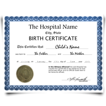 hospital issued birth certificate printed on fancy blue border with shiny gold seal