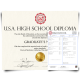 high school diploma from USA with shiny gold embossed state seal next to a set of academic transcript records with hologram on white paper