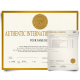 International diploma with shiny gold border featuring student graduate details next to set of matching academic transcript scores and grades