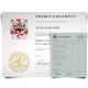 Diploma from Sweden university featuring coat of arm and shiny gold embossed seal next to set of academic mark sheet transcripts on watermarked security paper