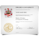 Signed diploma from Sweden university big shiny gold embossed college seal and coat of arms featuring student information and Mater of Science details
