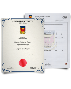 Australia diploma from university with red wax seal next to set of light blue academic transcripts showing college classes