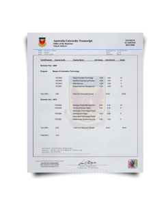 Set of university transcripts from Australia college showing master of information technological classes and final scores with hologram on watermarked security paper