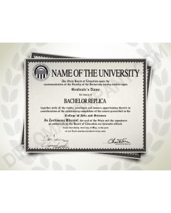 Replica of a bachelor degree from a university featuring a dark black decorate border and official seal