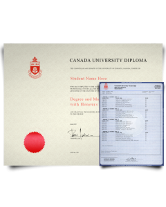 Canada university diploma with red seal next to set of blue university transcripts feature college classes and grades