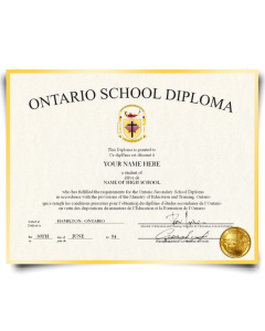 Canada high school diploma from Ontario in 1994 printed on gold border paper with shiny gold seal in bottom right