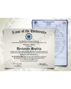 Doctorate PhD degree with blue seal next to a transcript set featuring doctorate courses and classwork
