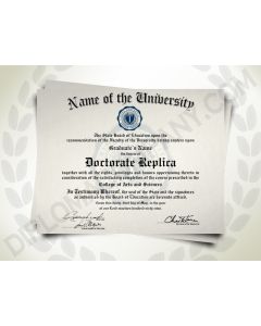 Replica of a doctorate phd degree from a university featuring blue embossed seal and signatures