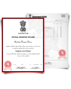Set of India university diploma and academic transcript record set featuring red and black border watermarked paper with crest