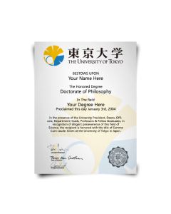 Graduate diploma from University of Tokyo with real embossed silver college seal on fancy premium watermarked paper