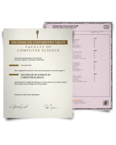 Diploma from Delft University of Technology in Netherlands along with set of academic mark sheets showing complete class details on bordered academic paper with hologram