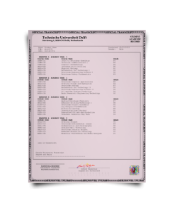 Set of signed academic mark sheets from Delft University of Technology featuring college course details and score breakdown with hologram on bordered security paper