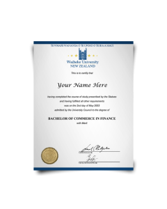 Diploma in Bachelor of Commerce in Finance on blue paper from New Zealand university featuring shiny gold college seal with student details