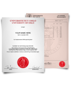 Diploma from University of Oslo featuring big red embossed seal with student details next to set of mark sheets showing academic college classes and grades on security paper