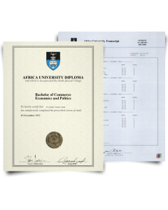 Diploma from South Africa university on border certificate paper with shiny gold embossed seal next to academic transcripts printed on blue security paper with hologram
