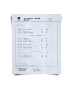 Academic transcript with crest from South Africa university featuring student details and class breakdown on security paper