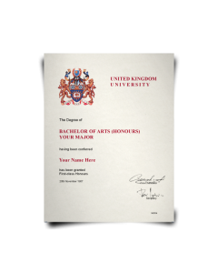 United Kingdom college bachelor of arts diploma showing two lion crest in shiny gold finish