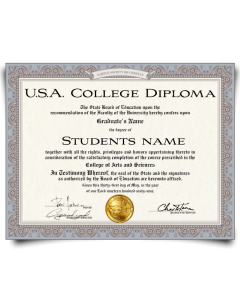 Arts and science diploma from USA college on fancy border paper featuring shiny gold embossed state seal