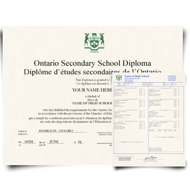 Fake High School Diploma and Transcript from Canada Featuring Realistic French Secondary School Academic Score Sheet Records
