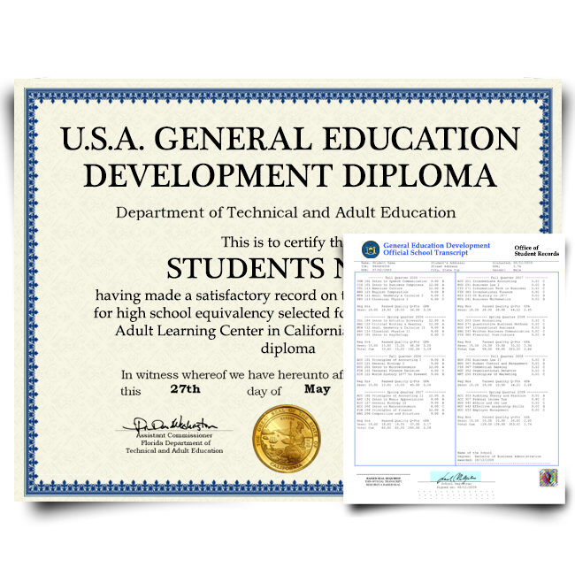 diploma from GED testing centre in USA featuring shiny gold seal on blue border certificate paper alongside of signed score sheet with hologram