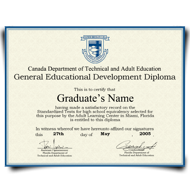 Canada GED diploma featuring blue border paper and 2005 layout design