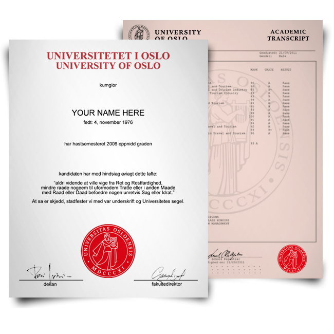 Diploma from University of Oslo featuring big red embossed seal with student details next to set of mark sheets showing academic college classes and grades on security paper