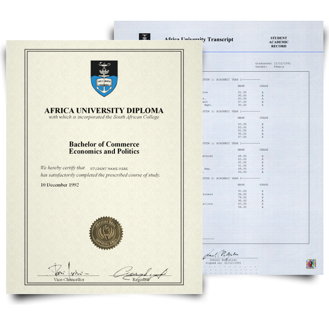 Diploma from South Africa university on border certificate paper with shiny gold embossed seal next to academic transcripts printed on blue security paper with hologram