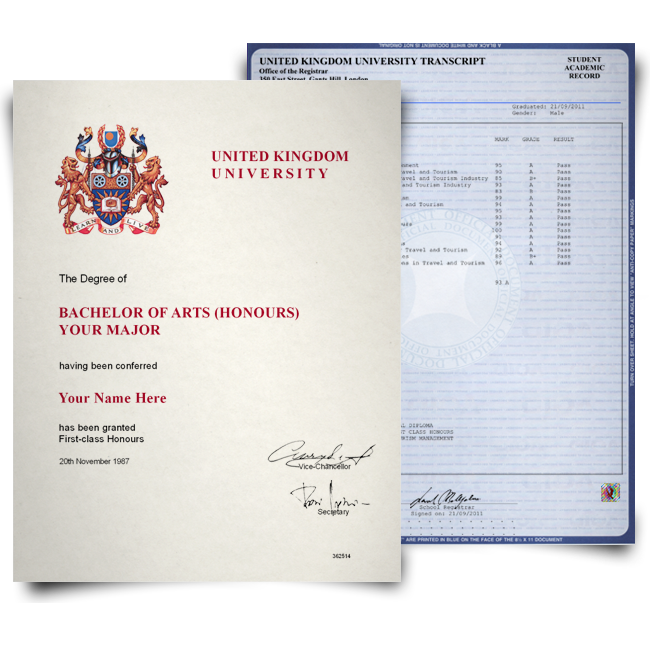 UK bachelor of arts diploma from college next to college transcripts on blue academic paper