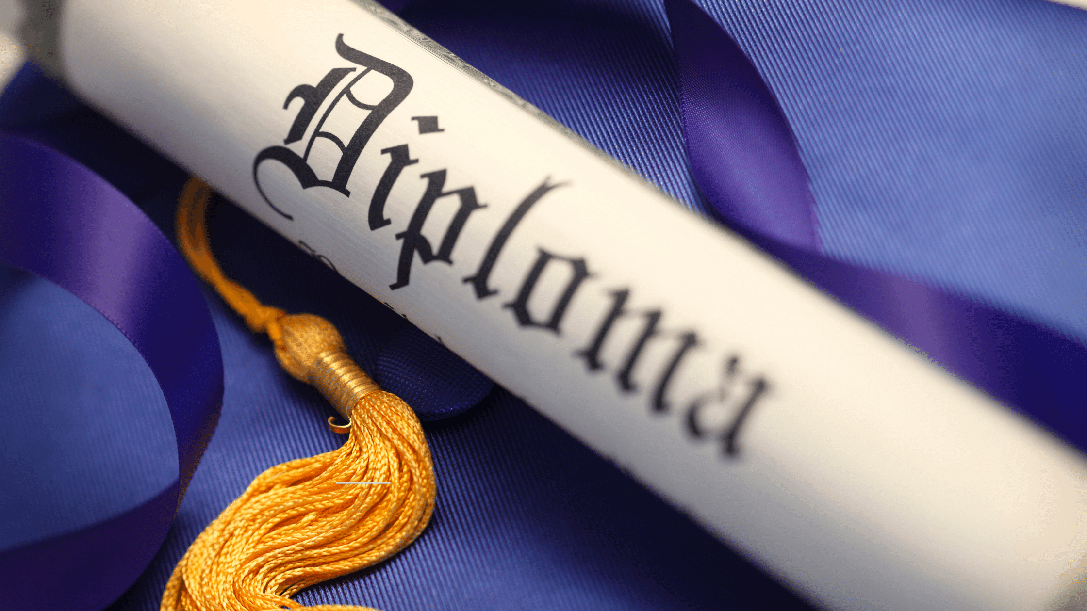 diploma rolled up next to purple cap and gown