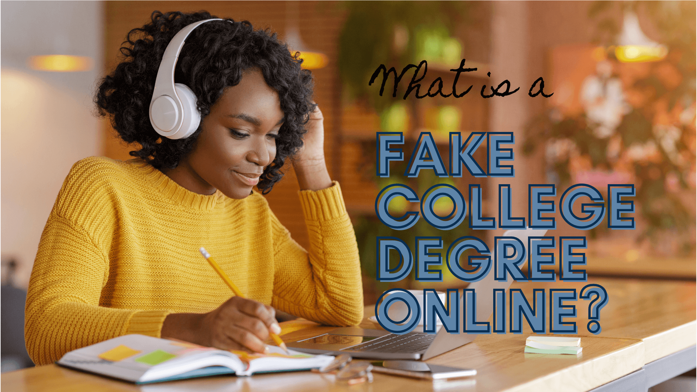 black woman on laptop in yellow sweater looking up fake college degree online options