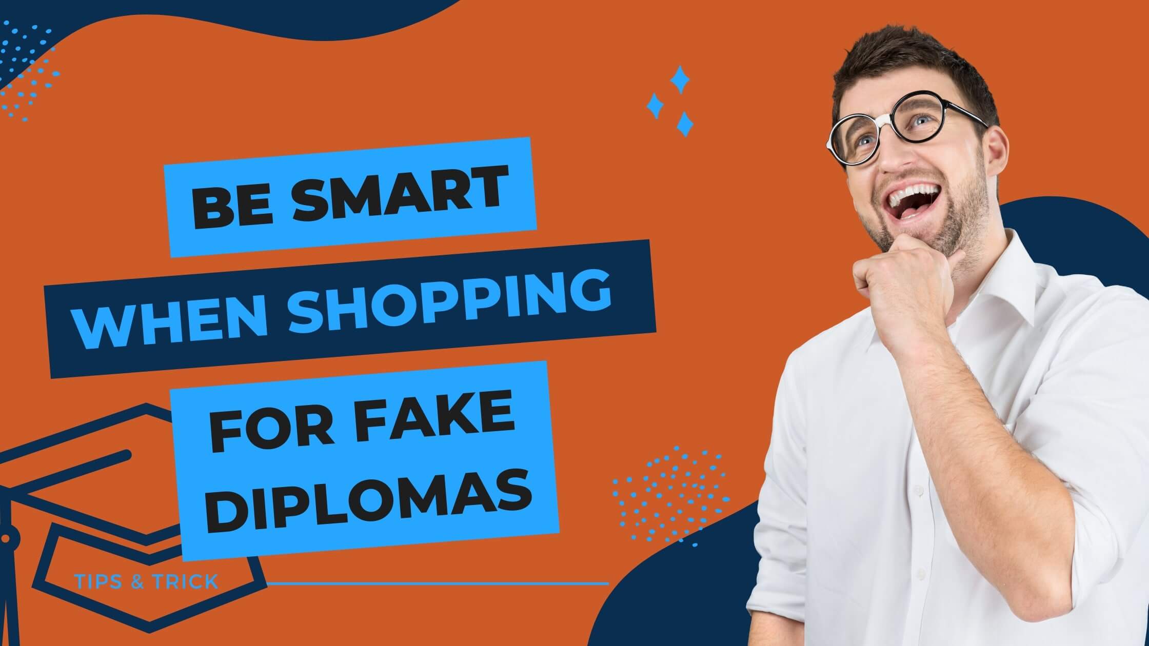 guy with glasses and white shirt thinking really hard about buying fake diplomas online and being smart about it.