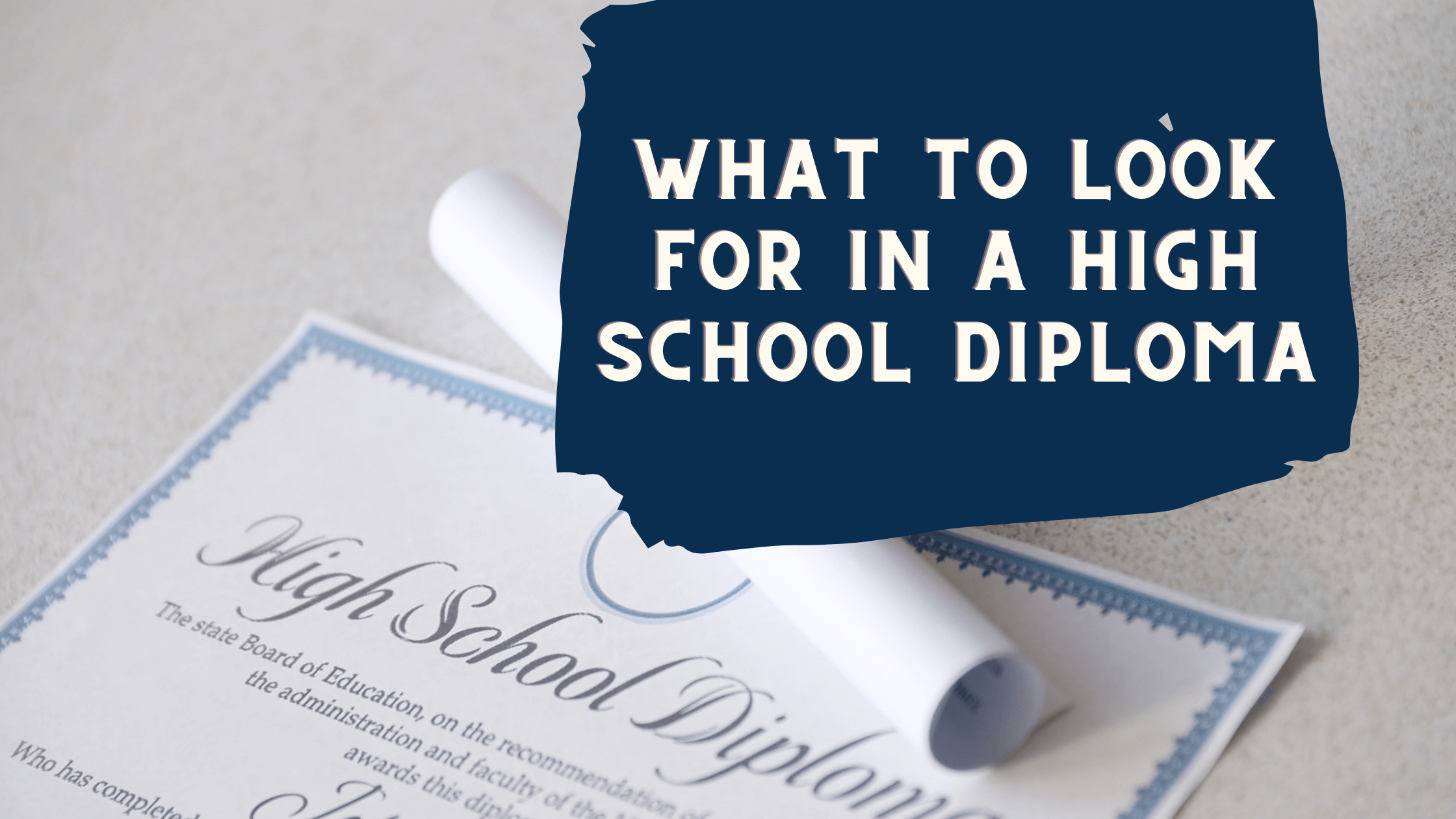 a copy of a fancy blue border fake diploma from a high school sitting on a desk with a rolled up diploma next to it