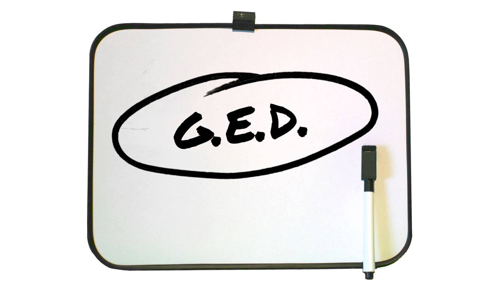 word ged written on a whiteboard with black erase marker