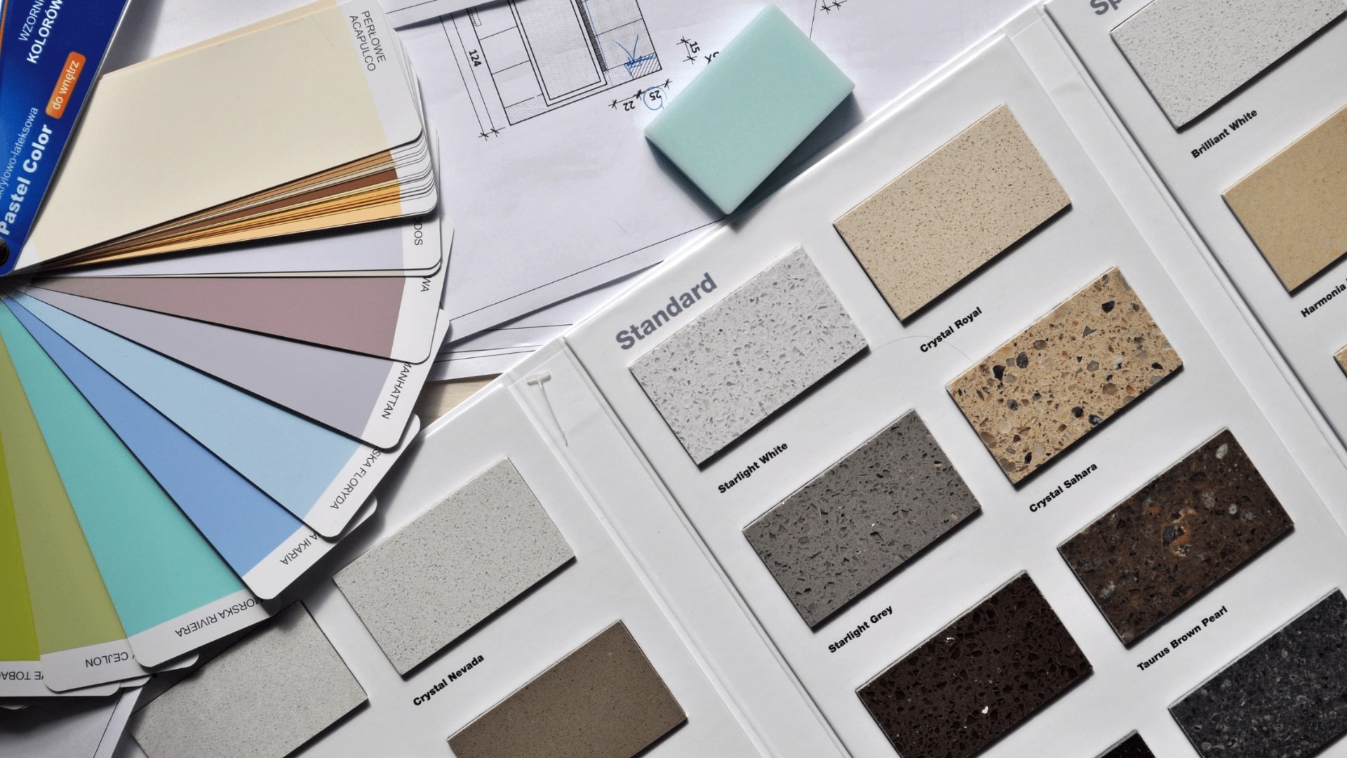 samples of product materials such as paint colours, granite choices, and more used to show options in interior design