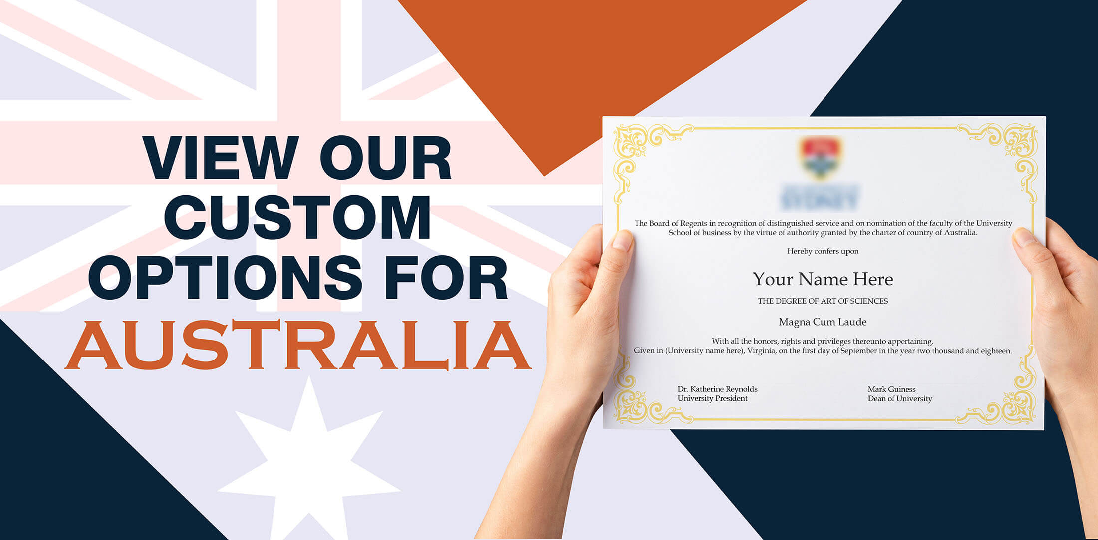 hands holding high quality realistic fake australia degrees from DiplomaCompany.com